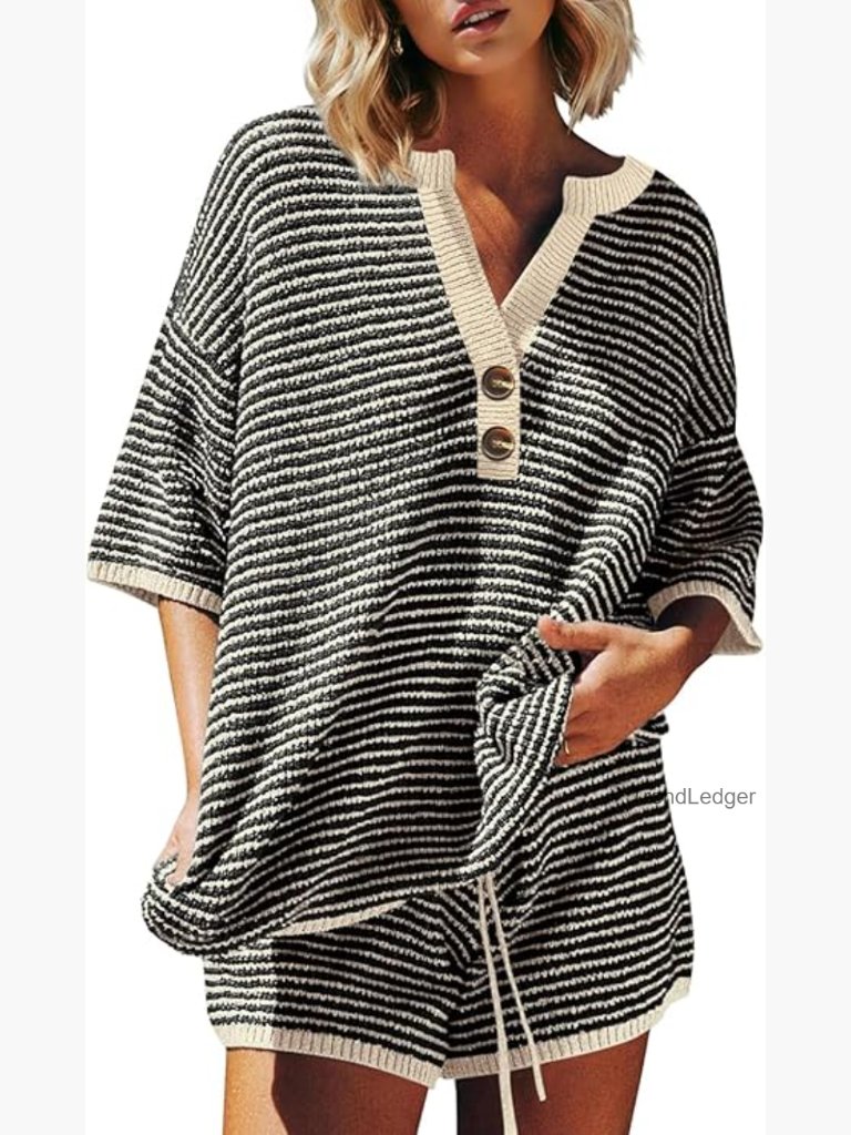 Oversized Striped Two Piece Lounge Set 3/4 Sleeve Henley Top & High Waisted